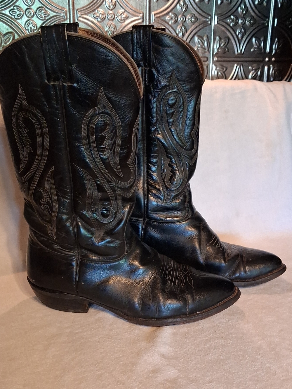 Nocona Black Leather Cowboy Boots with Embroidered Shaft Size 10E